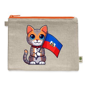 Cute Cat Holding Haiti Flag, Haiti Flag Day - Hemp Carry All Pouch - natural/orange - Front