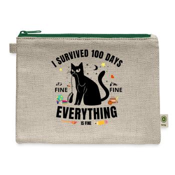 Happy 100th Day of School Funny Black Cat - Hemp Carry All Pouch - natural/green - Front