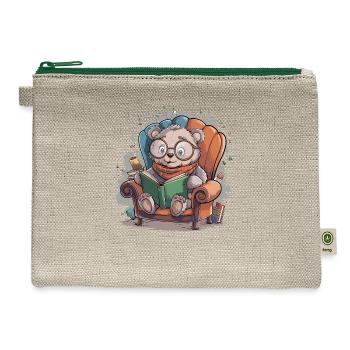 Adorable Bear with Glasses Reading a Book 🐻📖 - Hemp Carry All Pouch - natural/green - Front