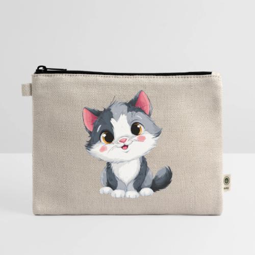 Sweet Sitting Kitten Cartoon Smiling - Hemp Carry All Pouch