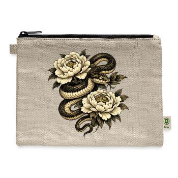 Gold-ink Snake Wrapped Around Peonies - Hemp Carry All Pouch - natural - Front