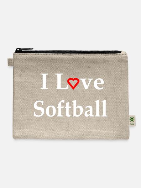 I Love Softball Red Heart Text w - Hemp Carry All Pouch - natural