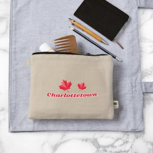 Charlottetown with two red maple leaves - Hemp Carry All Pouch