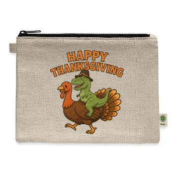 Happy Thanksgiving Dino on Turkey - Hemp Carry All Pouch - natural - Front
