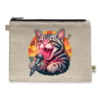 Funny Karaoke Retro Singing Cat with Microphone - Hemp Carry All Pouch - natural - Front
