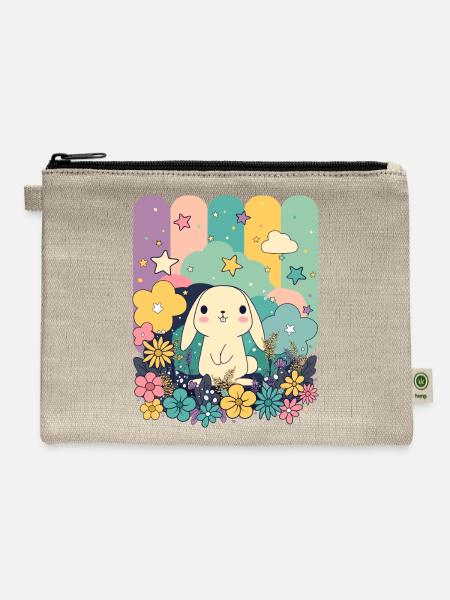 Cute Easter Bunny Surrounded By Flowers - Hemp Carry All Pouch - natural