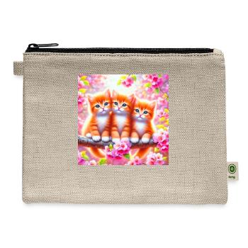 Three Adorable Kittens in Cherry Blossoms - Hemp Carry All Pouch - natural - Front