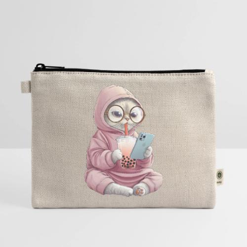 Cool Cat Bubble Tea Cartoon Design - Hemp Carry All Pouch