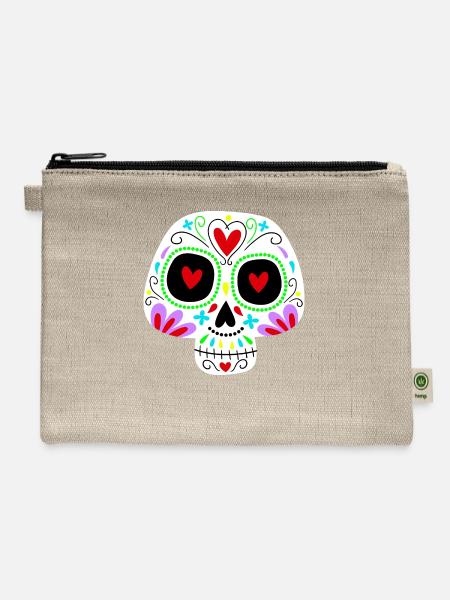 Catrina Skull With Hearts - Hemp Carry All Pouch - natural