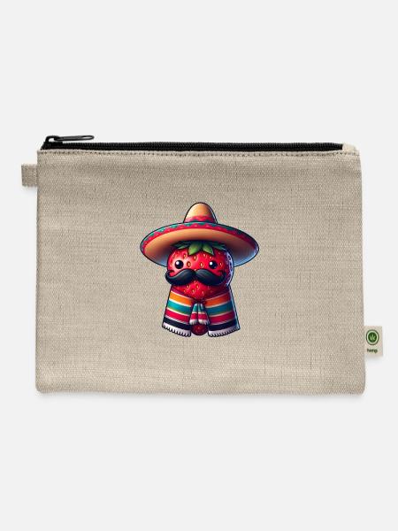 Cinco de Mayo strawberry with moustache - Hemp Carry All Pouch - natural
