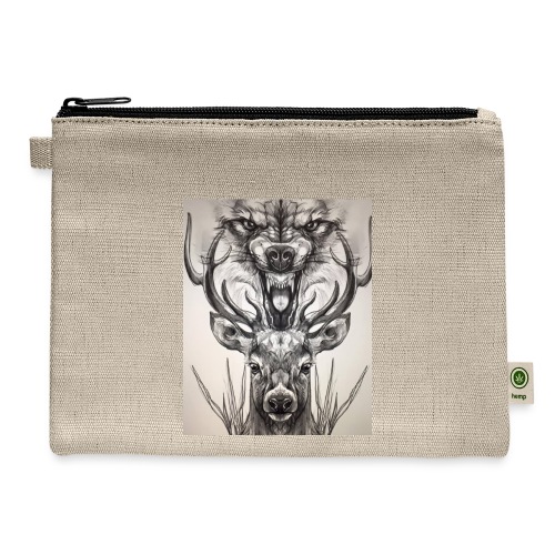 Black Ink Deer And Wolf Head - Hemp Carry All Pouch