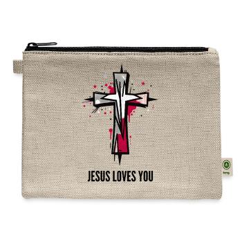 Jesus Loves You Crimson Red Graffiti Cross - Hemp Carry All Pouch - natural - Front