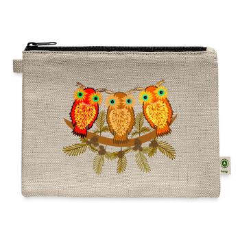 Three colorful owls with pine tree branches - Hemp Carry All Pouch - natural - Front