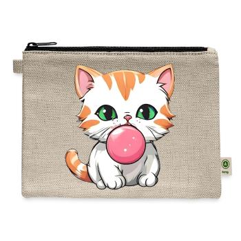 Orange & White Kitten Blowing Bubble - Green Eyes - Hemp Carry All Pouch - natural - Front