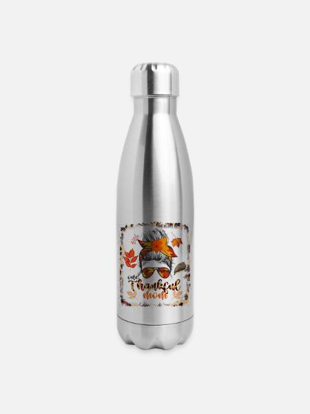 Messy Bun One Thankful Mom Fall Autumn Happy - 17 oz Insulated Stainless Steel Water Bottle - silver