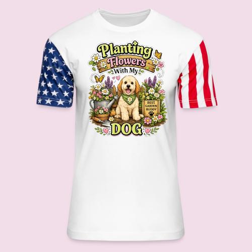 Planting Flowers With My Dog - Unisex Stars & Stripes T-Shirt