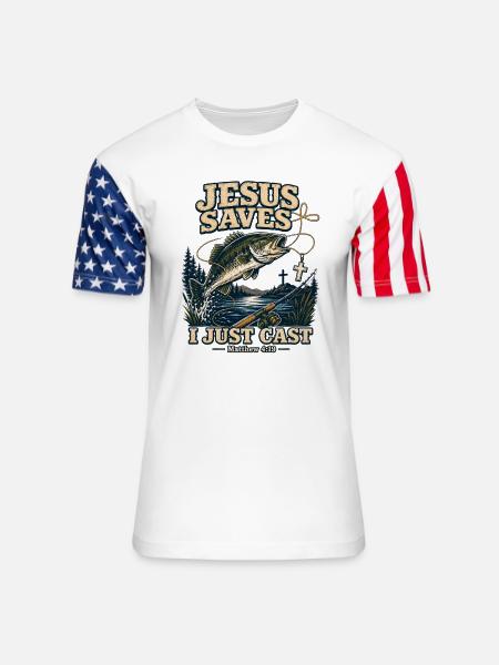 Jesus Saves I Just Cast Christian Fishing - Unisex Stars & Stripes T-Shirt - white