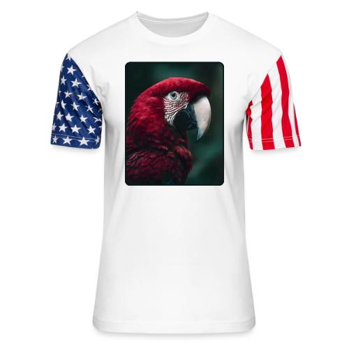 Red Green Macaw Bird Portrait Design - Unisex Stars & Stripes T-Shirt