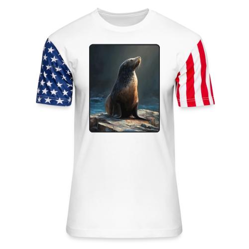 Fur Seal Artistic Shore Portrait Design - Unisex Stars & Stripes T-Shirt