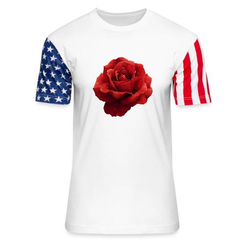 Rose: Crimson Dew Bloom - Unisex Stars & Stripes T-Shirt