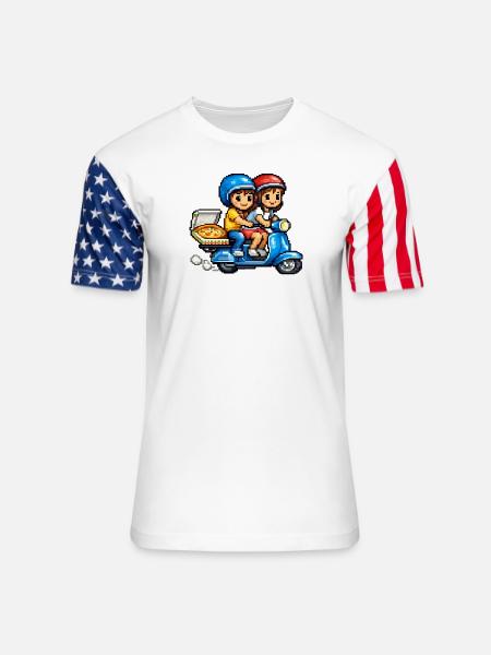 Boy and Girl on Vespa with Pizza! - Unisex Stars & Stripes T-Shirt - white
