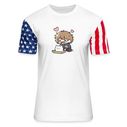 Crying Chibi Boy with Stray Cat - Unisex Stars & Stripes T-Shirt