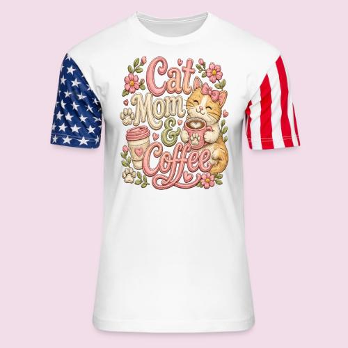 Cat Mom & Coffee Faux Stitched Cat Lover Design - Unisex Stars & Stripes T-Shirt