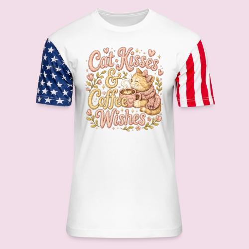 Cat Kisses & Coffee Wishes Faux Stitched - Unisex Stars & Stripes T-Shirt