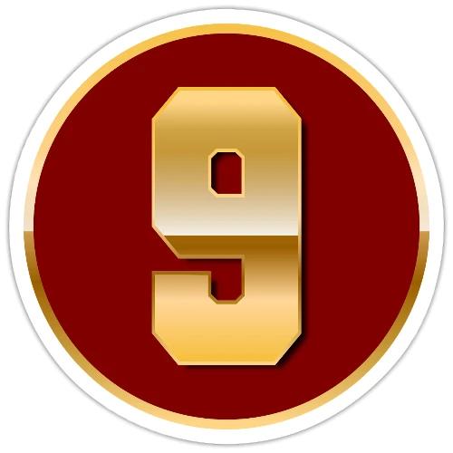 Number 9 in Gold Varsity Font - Sticker