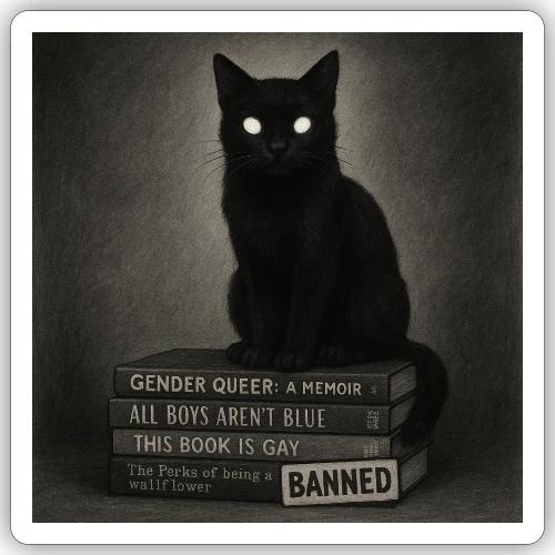Cat on Banned Books - Sticker
