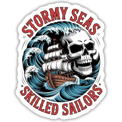 Stormy Seas Skull Pirate Ship Nautical Ocean Waves - Sticker