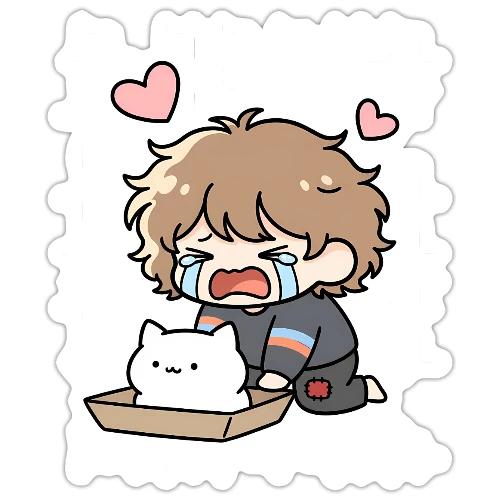 Crying Chibi Boy with Stray Cat - Sticker