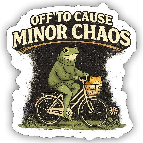 Minor Chaos Vintage Frog and Cat on Bicycle - Sticker
