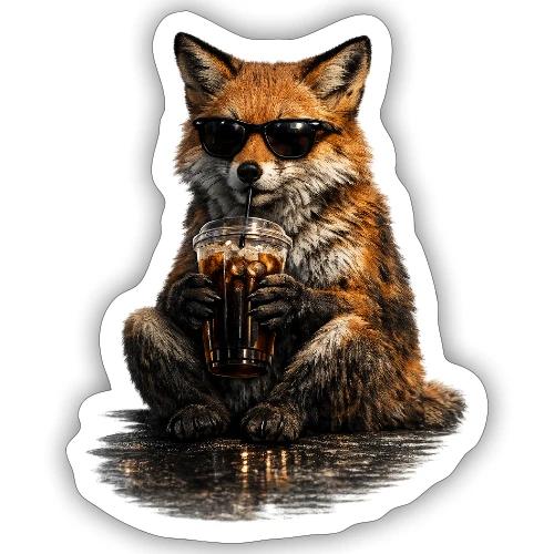Cool Red Fox Wearing Sunglasses Drinking Coffee - Sticker