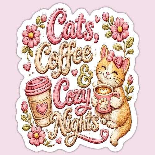 Cats, Coffee & Cozy Nights Faux Stitched Design - Sticker