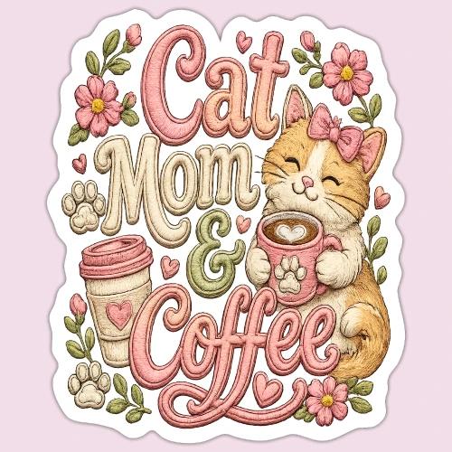 Cat Mom & Coffee Faux Stitched Cat Lover Design - Sticker