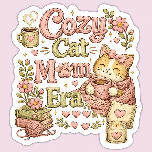 Cozy Cat Mom Era Faux Stitched Design - Sticker