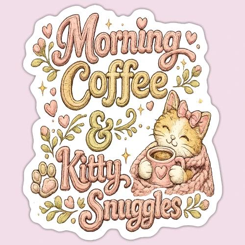 Morning Coffee & Kitty Snuggles Faux Stitched - Sticker