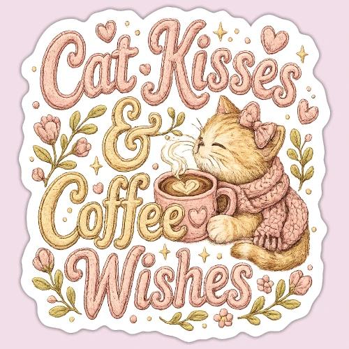Cat Kisses & Coffee Wishes Faux Stitched - Sticker