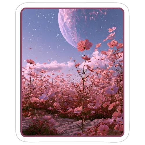 Cosmic Moon & Cosmos Flowers Art - Sticker
