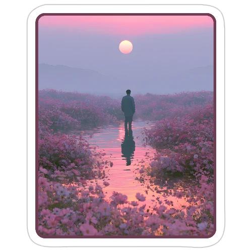 Ethereal Sunset Flower Field Art - Sticker