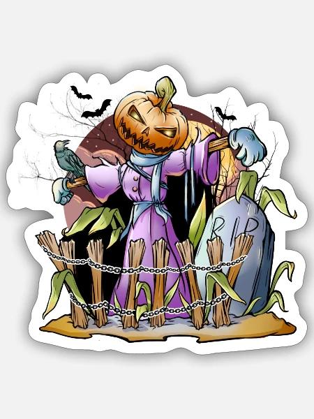 Halloween pumpkin scarecrow hand drawn - Sticker - white matte