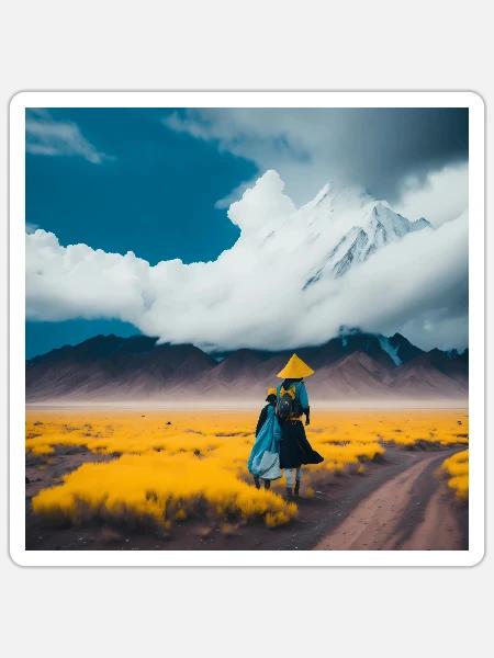 watercolor with surreal Mongolia landscapes. - Sticker - white matte
