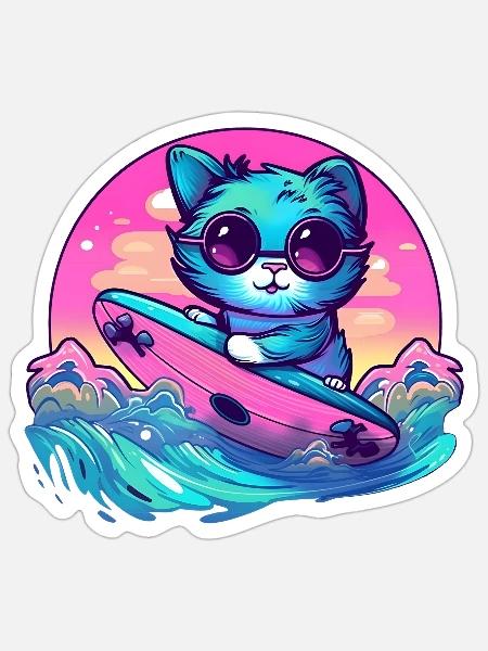 Retro Surfing Cat - Sticker - white matte