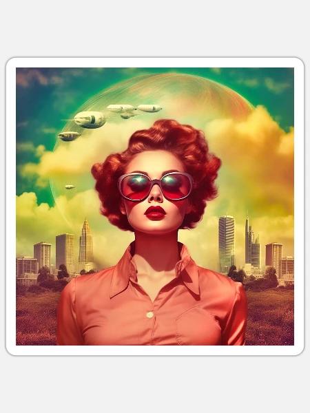 Retro Beauty - Red Hair, Big Glasses - Sticker - white matte