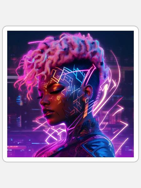 African American Woman Cyberpunk - Sticker - white matte