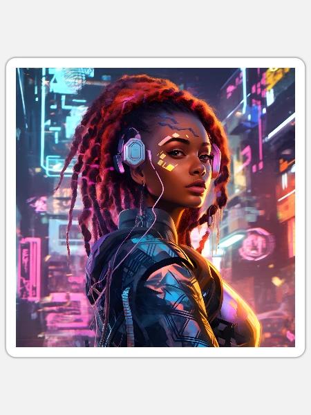 African American Woman Cyberpunk - Sticker - white matte