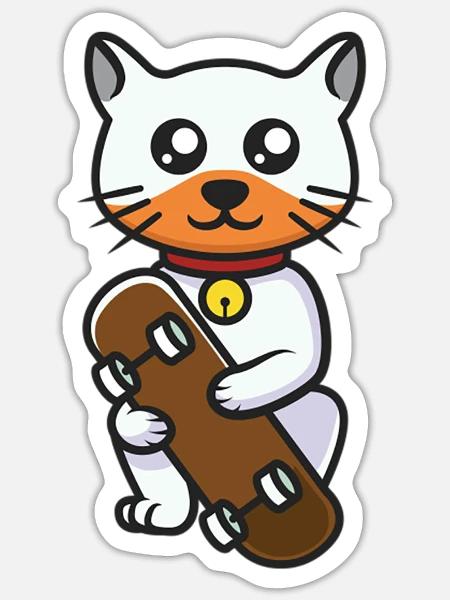 Cute cool punk cat playing skateboard - Sticker - white matte