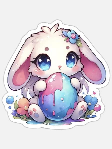 Lovely Chibi Bunny With Flowers - Sticker - white matte