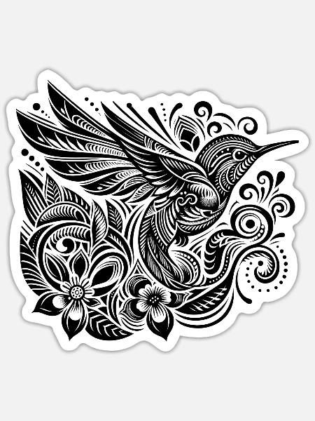 Elegant Floral Hummingbird Line Art - Sticker - white matte